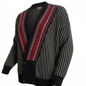 Vintage Native Pattern Cardigan Sweater M Black Red Acrylic Korea
